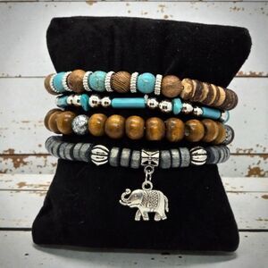Boho Beaded Stacked Bracelets Set 4 Elephant Charm Wooden Turquoise Silver NWT